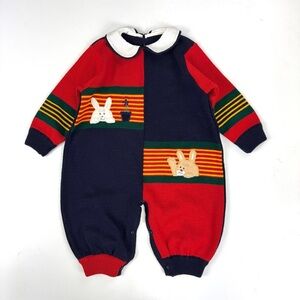 Creaciones Bony Baby Sz 12 Months One Piece Knit Sweater Outfit Bunny Navy/Red